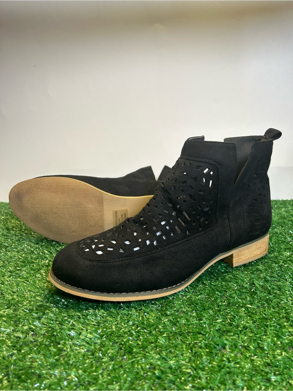 Women's Black Perforated Suede Ankle Booties